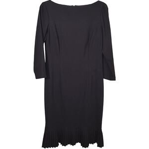 Finity 3/4 Sleeve Dress Women's Size 6 Black Boatneck Pleated Peplum Hem Sheath